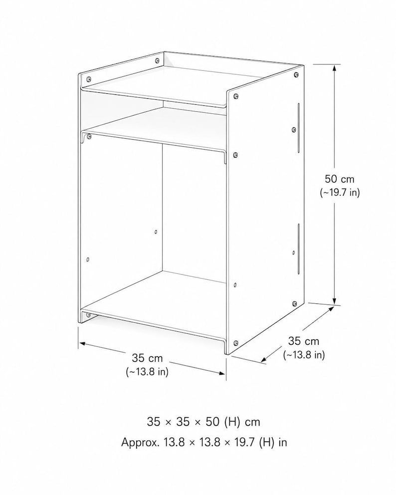 May include: A white open-frame storage unit with a top shelf and a larger bottom compartment. The unit measures 35 inches wide by 35 inches deep by 50 inches high, or approximately 13.8 inches by 13.8 inches by 19.7 inches high.