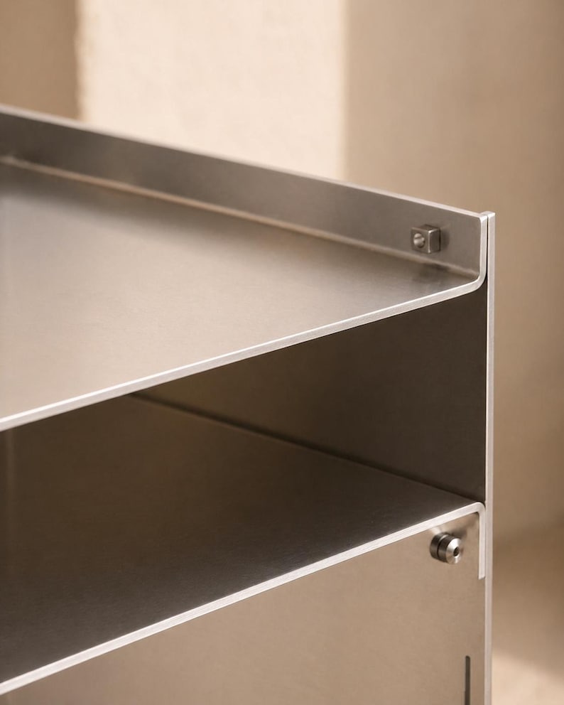 May include: A silver-colored metal shelving unit featuring two horizontal shelves with raised edges. The structure is held together by visible square-shaped metal fasteners at the corners, showcasing a smooth, brushed metallic finish throughout the piece.