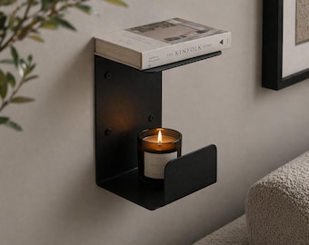 Carbon Steel Floating Nightstand Wall Shelf - Metal Floating Side Table - Bedside Book Organizer