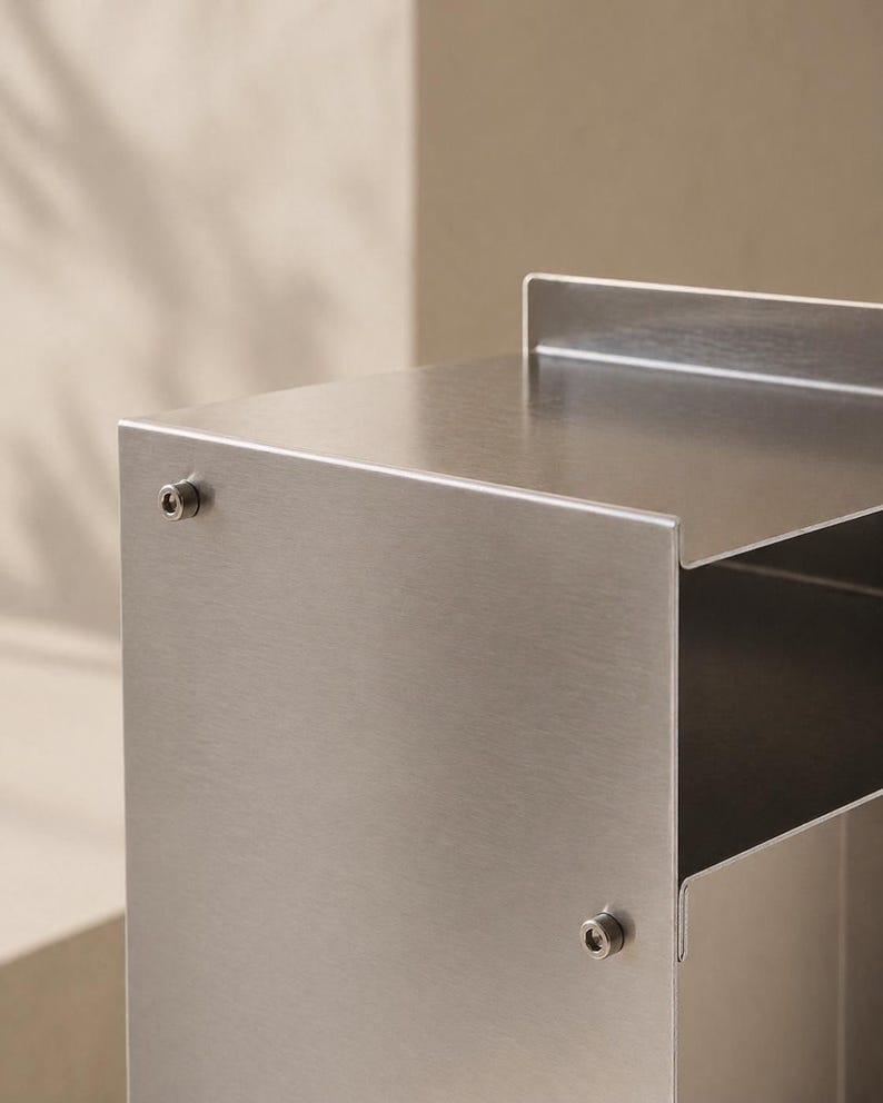 May include: A brushed stainless steel storage unit featuring a flat top surface with a raised back edge, a rectangular open compartment, and a vertical side panel secured with two visible silver-toned hexagonal bolts on the exterior surface.