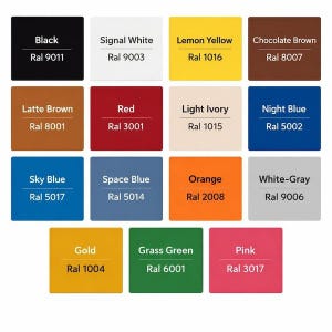 May include: A color chart featuring fifteen rectangular swatches arranged in a grid. Each swatch displays a color name and its corresponding RAL code, including Black 9011, Signal White 9003, Lemon Yellow 1016, Chocolate Brown 8007, Latte Brown 8001, Red 3001, Light Ivory 1015, Night Blue 5002, Sky Blue 5017, Space Blue 5014, Orange 2008, White-Gray 9006, Gold 1004, Grass Green 6001, and Pink 3017.