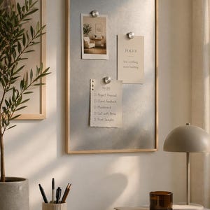 May include: A wooden-framed bulletin board with a silver surface displays notes and a photo, held by silver magnets. The notes include "TO DO" and "FOCUS" with additional text. A potted plant, books, and a lamp are also visible.