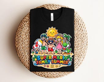 Super Mario Family Summer T-shirt, Retro Nintendo Beach Vacation Graphic with Mario, Luigi, Peach & Yoshi, Heather Mauve Gamer Tee