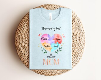 The Pieces of My Heart Call Me Mom Custom Puzzle Shirt, Personalized Kids Names Mother's Day Celebration Graphic T-shirt