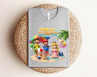 Hello Summer Mario T-shirt, Retro Nintendo Beach Vacation Graphic with Peach & Luigi, Classic Gamer Gift, Heather Mauve Summer Tee