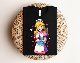 Princess Peach Nurse T-shirt, Retro Nintendo Healthcare Graphic with Toad Mushroom, Cute Medical Worker Gift, Heather Maroon Gamer Tee