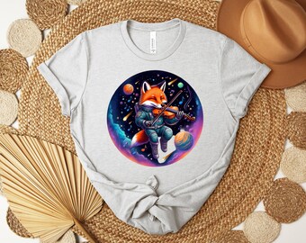 Space Fox Playing Violin Cosmic Tee, Astronaut Musician Galaxy Shirt, Retro Sci-Fi Starry Sky Graphic T-shirt