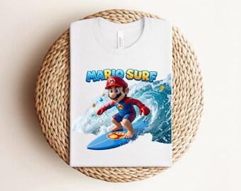 Camiseta de Mario Surf, camiseta retro para gamers de playa, camiseta de dibujos animados de surf de verano, linda camiseta de vacaciones para gamers, regalo para gamers con olas del océano