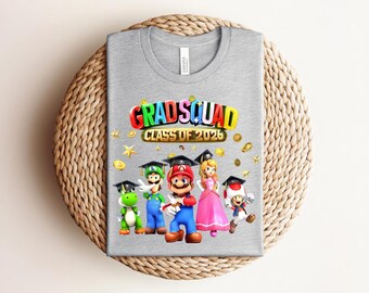 Grad Squad T-shirt, Super Mario & Friends Class of 2026 Graduation Graphic, Retro Gamer Fan Gift, Heather Mauve Graduation Tee
