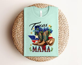 Texas Mama Cowboy Boots and Bluebonnets Shirt, Lone Star State Western Mother's Day Celebration Graphic T-shirt