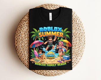 Roblox Family Summer Beach T-shirt, Custom Gamer Vacation Graphic with Palm Trees & Sandcastle, Video Game Fan Gift,