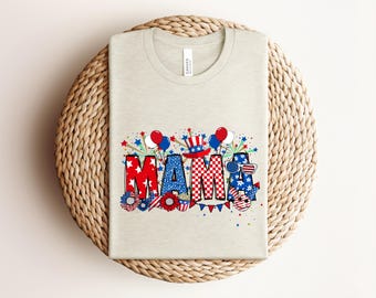 Patriotic Mama Red White and Blue Fireworks Shirt, American Flag 4th of July Independence Day Celebration Graphic T-shirt
