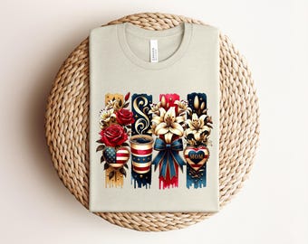 Patriotic American Mom Coffee and Flowers Shirt, USA Flag Stars and Stripes Independence Day Celebration Graphic T-shirt