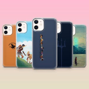 May include: Five phone cases with different designs. The cases display illustrations of characters, symbols, and scenes. One case is orange with text and a black bird, another has a blue sky background with figures, and a third is navy blue with a line of characters.