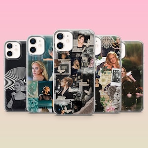 May include: A collection of phone cases featuring various images of a singer. The cases display a collage of photos, including portraits and performance shots. The cases have a clear, glossy finish.