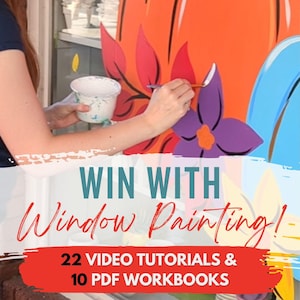 Può includere: Un tutorial di pittura su finestra con un design di zucca arancione brillante e fiore viola. Il testo recita: WIN WITH Window Painting! 22 VIDEO TUTORIALS & 10 PDF WORKBOOKS. Un barattolo di vernice bianco è tenuto mentre si applica il colore.