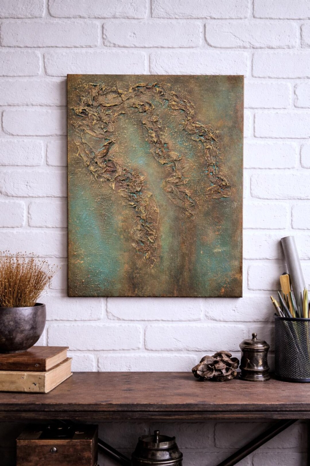 Textured Abstract Painting, Rust Effect Art, Oxidized Green-blue, Earth ...