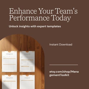 Può includere: Grafica marrone con il testo "Migliora le prestazioni del tuo team oggi" e "Sblocca approfondimenti con modelli di esperti". Quattro modelli sono visualizzati su una superficie in legno. È incluso anche l'URL del negozio Etsy.