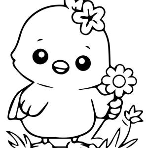 Puede incluir: Ilustración de dibujos animados en blanco y negro de un pollito sosteniendo una flor. El pollito tiene ojos grandes y una corona de flores. El pollito está de pie en la hierba y sostiene una flor.