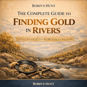 Puede incluir: Portada del libro "The Complete Guide to Finding Gold in Rivers" de Robin's Hunt. La imagen muestra un río, montañas y una batea de oro. El texto "A Fully Illustrated Guide (Beginner to Advanced)" también está presente.