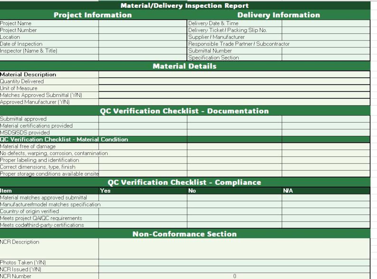 Quality Control Inspection Report Example Material Quality Control Inspection Report (excel Template ...