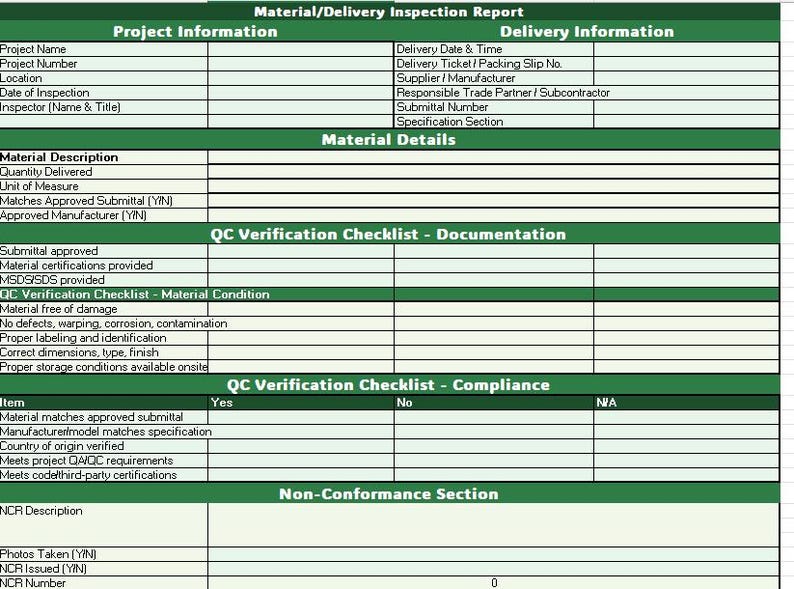Quality Inspection Form Examples Material Quality Control Inspection Report (excel Template ...