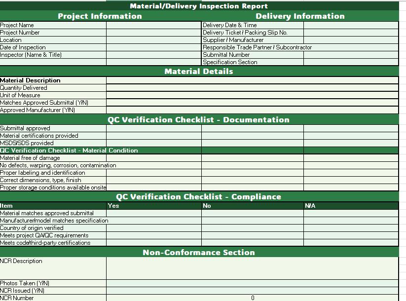 Material Quality Control Inspection Report (excel Template ...