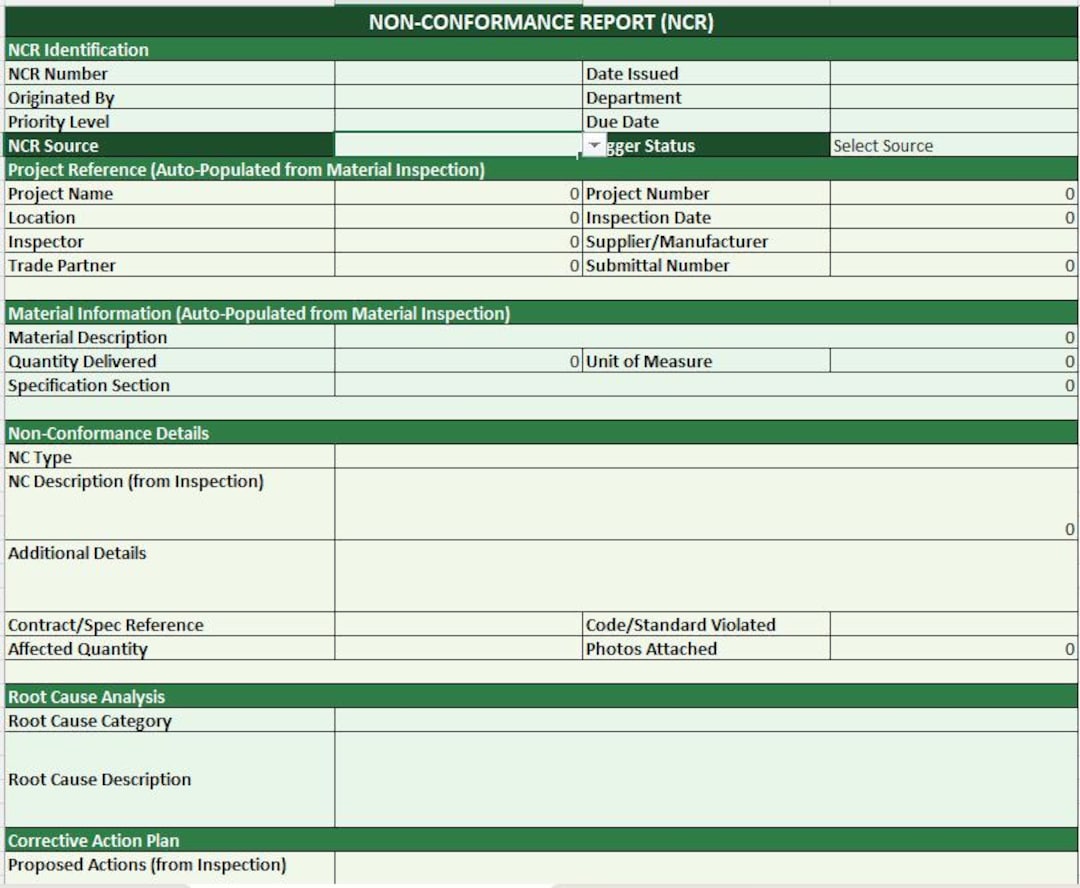 Non‑conformance Report (NCR) — Excel Template | Construction Quality ...