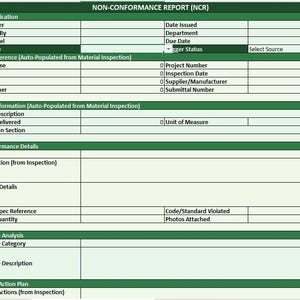 May include: A green and white Non-Conformance Report (NCR) form with various fields for data entry. The form includes sections for identification, project details, material information, and corrective actions. The text "NON-CONFORMANCE REPORT (NCR)" is at the top.