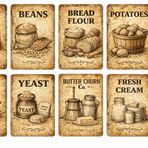 Vintage Baking Pantry Labels Printable, Rustic Kitchen Organization, Lard Yeast Oats Bread Flour Stickers, Apothecary Digital Download