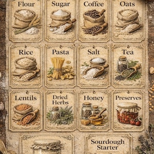 May include: A vintage-style pantry label set with the words "Homestead Pantry Labels" at the top. The labels include Flour, Sugar, Coffee, Oats, Rice, Pasta, Salt, Tea, Lentils, Dried Herbs, Honey, Preserves, and Sourdough Starter.