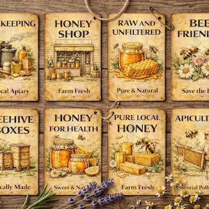 8 Vintage Beekeeping Gift Tags - Printable Rustic Honey Shop Labels for Raw Honey, Bee Friendly Gifts, & Apiculture - Farmhouse Pantry Decor
