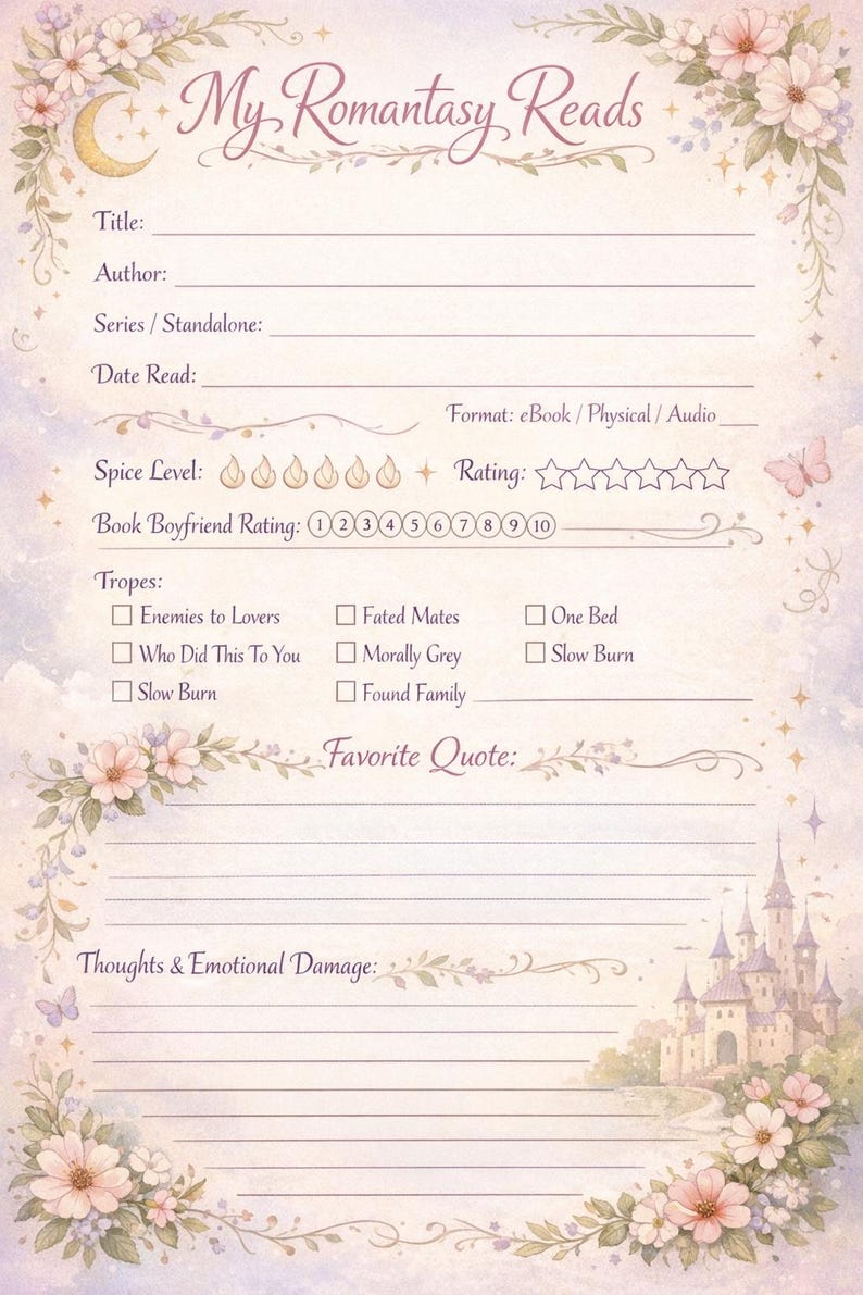 May include: A decorative journal page with the text "My Romantasy Reads" at the top. The page includes sections for title, author, and rating, with a castle illustration at the bottom. Floral and butterfly accents.