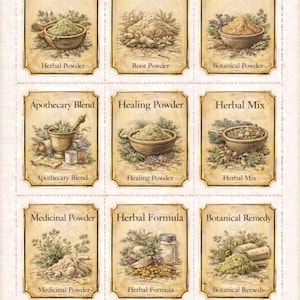 Peut inclure: Neuf cartes de style vintage présentant des remèdes à base de plantes. Chaque carte présente une préparation botanique différente, notamment des poudres, des mélanges et des formules, avec des illustrations détaillées et des étiquettes textuelles. Les cartes sont disposées en grille.