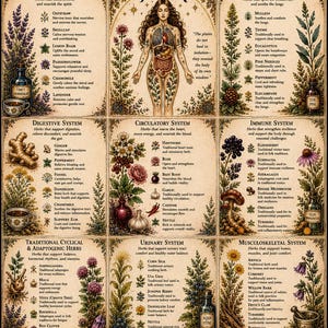 May include: A vintage-style poster with botanical illustrations and text about herbal remedies and folk tonics. The poster includes detailed diagrams of the human body and various herbs, with text in a decorative font.