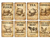 Vintage Farm Pantry Labels Printable, Rustic Homestead Kitchen Tags, Flour Rice Tea Cornmeal Chicken Beef & Pork Labels, Farm Fresh Food