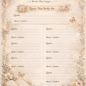 May include: A decorative journal page with the text "Favorite Quotes" and "Quote That Broke Me". The page features floral accents, butterflies, and space to write quotes and book information. The overall design is soft and vintage.
