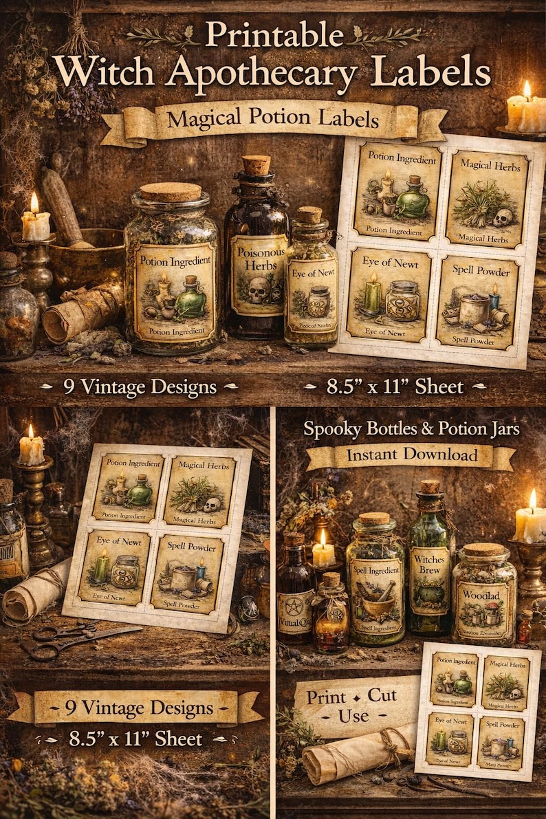 Vintage Witch Apothecary Labels Printable | Potion Bottle Labels ...