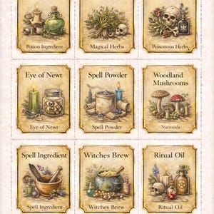 May include: Nine illustrated cards with a vintage aesthetic, each labeled with text such as "Potion Ingredient," "Magical Herbs," and "Ritual Oil." The cards depict various ingredients and tools associated with witchcraft and potion-making, including skulls, herbs, and candles.