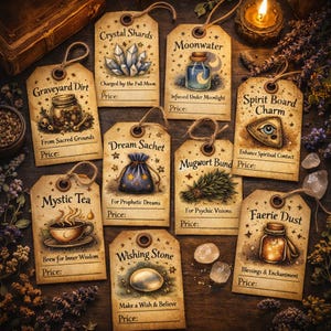 Witch Shop Price Tags • Vintage Apothecary Labels • Junk Journal Ephemera • Dark Academia • D&D Potion Props • Celestial Mystical Hang Tags