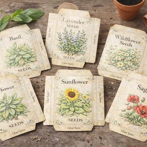 May include: A selection of vintage seed packets, each depicting a different herb or flower, such as basil, lavender, and sunflower. The packets are arranged on a wooden surface, with gardening tools and plant pots nearby.