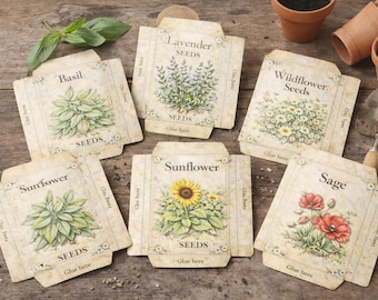 Vintage Seed Packet Printable, Herb & Flower Seed Envelopes, Seed Saving Printable, Cottage Garden Seed Storage Junk Journal Garden
