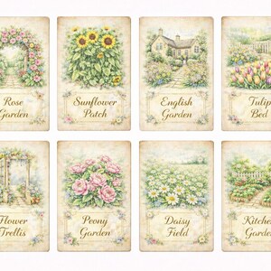 Collection Jardin secret : 8 cartes de journal florales aquarelles vintage - étiquettes de paquet de graines botaniques de tournesol rose pivoine - éphémères imprimables