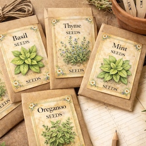 May include: A collection of seed packets labeled Basil, Thyme, Mint, and Oregano. Each packet features a botanical illustration of the herb and the word "SEEDS". The packets are arranged with a spool of twine, a small pot, and a vintage ledger.