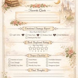 May include: A watercolor-style reading journal titled "My Romantasy Reading Journal." It features sections for spice level, star rating, favorite quote, emotional damage report, book boyfriend rating, tropes checklist, and final thoughts. Decorated with roses.