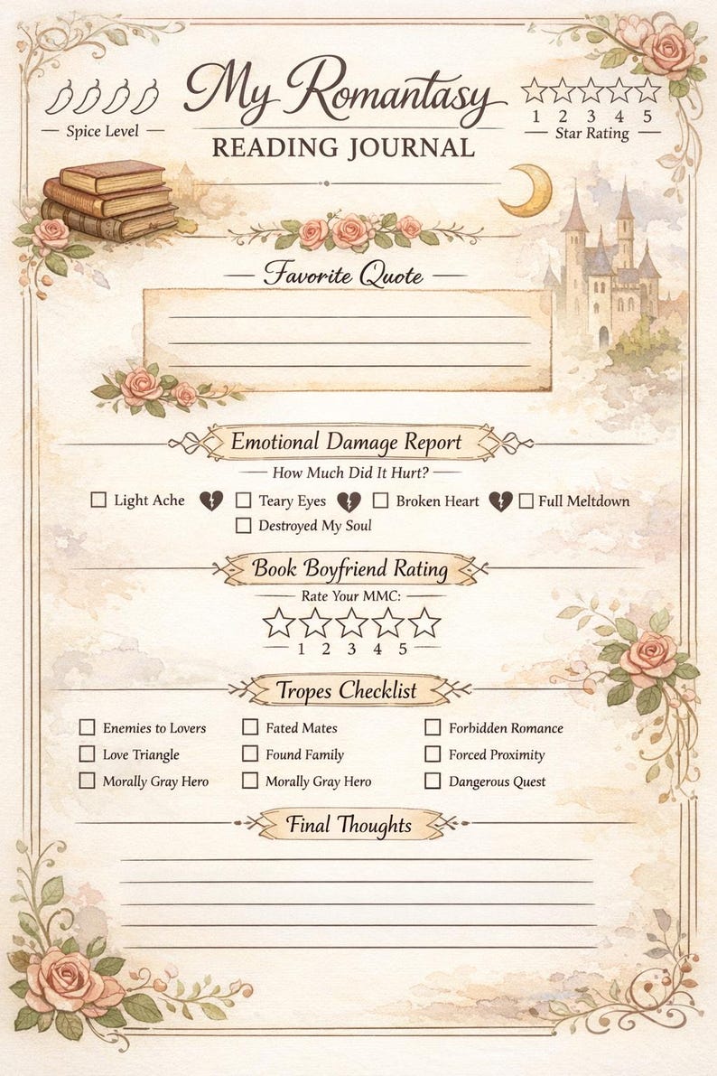 May include: A watercolor-style reading journal titled "My Romantasy Reading Journal." It features sections for spice level, star rating, favorite quote, emotional damage report, book boyfriend rating, tropes checklist, and final thoughts. Decorated with roses.