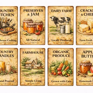 May include: A collection of eight vintage-style cards with various illustrations and text. The cards feature themes like Country Kitchen, Preserves & Jam, Dairy Farm, Crackers & Cheese, Country Candles, Farmhouse, Organic Produce, and Apple Butter. Each card has a unique design and text.