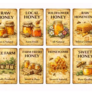 May include: Eight vintage-style labels showcasing honey varieties. Each label features illustrations of honey jars, honeycombs, and bees. Text includes "Raw Honey," "Local Honey," "Wildflower Honey," and "Bee Farm," with descriptive phrases like "Pure & Natural."