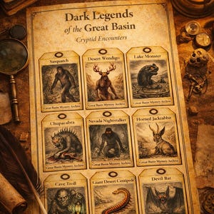 Könnte beinhalten: Ein Poster im Vintage-Stil mit dem Titel "Dark Legends of the Great Basin", das Illustrationen von Kryptiden wie Sasquatch und Devil Bat zeigt. Das Poster ist von antiken Gegenständen umgeben, darunter eine Lupe und eine brennende Laterne.