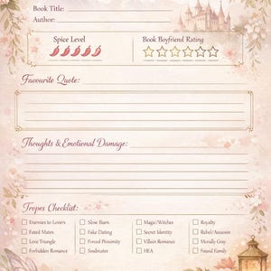 May include: A decorative book tracker titled "My Romantasy Book Tracker" with space for book title, author, and ratings. Features a spice level indicator with chili peppers and a book boyfriend rating with stars. Includes a tropes checklist and space for quotes.